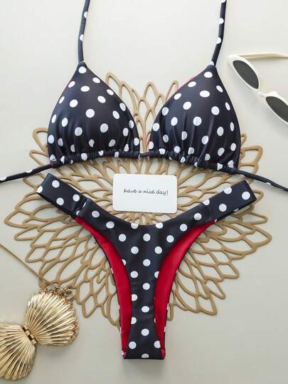 2 piezas Conjunto de bikini con estampado de lunares, espalda descubierta y lazos, color contrastante, sexy, adecuado para primavera/verano, playa, actuaciones en el escenario y conciertos