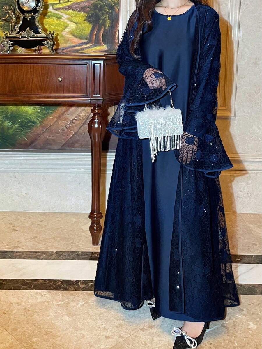Plus Size Lace Abaya Set, Includes Slip Dress, 2 Pieces Set, Elegant & Dignified Abaya With Lace Trim - Navy Blue - View 1