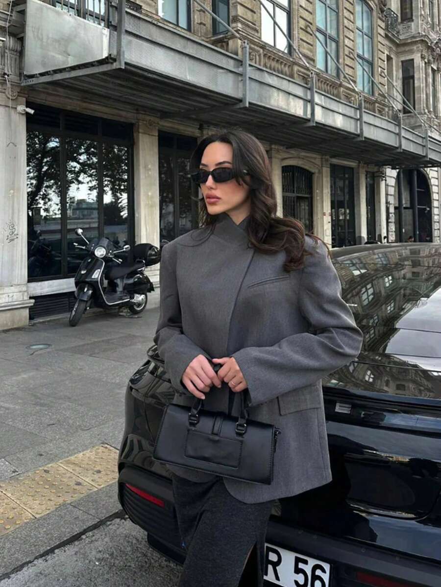 Autumn Jacket For Women Deep Gray Long Sleeve Button Bomber Jacket Streetwear Going Out Old Money Fall Ladies Coats Elegant Blazers High Quality Outerwear - Dark Grey - View 1