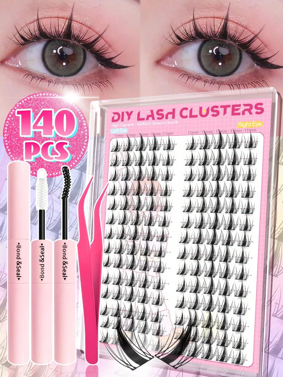 Eimny 140片装漫画风格假睫毛套装，D型卷翘自然款假睫毛，11毫米混合长度，纤细轻盈的DIY假睫毛套装，含睫毛胶、镊子、刷子，适合旅行、日常、婚礼、派对及初学者在家DIY假睫毛，美睫师必备用品。 - 彩色 - 查看 1