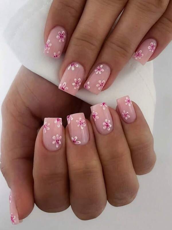 Enhance Your Fashion Taste! 24 Piece Set Of Short Square Nails For Spring And Summer New Fresh Flowers With Simple Design, Detachable Fake Nail Set, Press Type Nail Pieces, Perfect Fit Of Fake Nails For Short Fake Nail Set, Including: 1 Jelly Glue And 1 Nail File. Suitable For Daily Wear By Women And Girls, Parties, Vacations, And Other Occasions