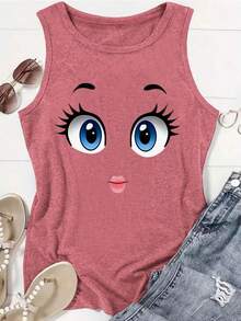 1PCPlus Size Women's Vest With Cute Cartoon Face Print For All Seasons Casual Clothing, Comfortable, Local Warehouse Shipping, Daily Multi-Functional, Top Quality - Hồng - Xem 1