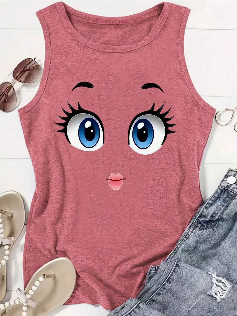 1PCPlus Size Women's Vest With Cute Cartoon Face Print For All Seasons Casual Clothing, Comfortable, Local Warehouse Shipping, Daily Multi-Functional, Top Quality - Hồng - Xem 1