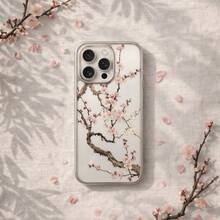Metallic Silver Frame Clear Phone Case, Ink Painting Cherry Blossom Plum Blossom Pattern Shockproof Cover For IPhone 17 Pro Max,/16/15/14/13/12/11, Easter, Girlfriend, Friend, Soft Protective Cover, Couple Phone,New Phone,Valentine's Day,Blooming Flower Design,Cute Phone Case - 1pc - 查看 6