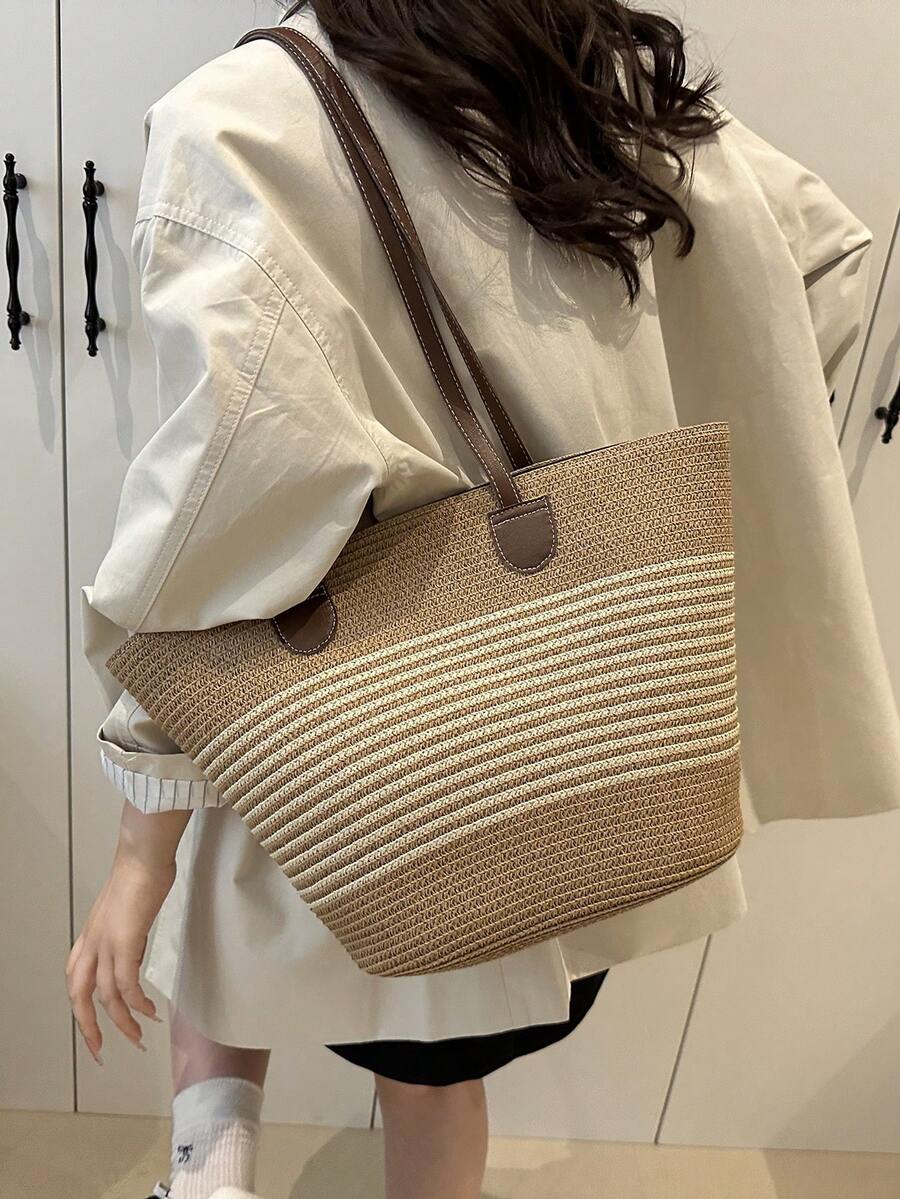 大容量度假沙滩包，女士编织手提包，时尚草编单肩包