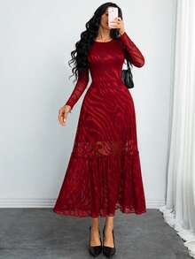 Sexy Elegant Vintage Fashion Lace Abstract Pattern Jacquard Double-Layer Lining Flared Dress, Work Commute Or Holiday Party Vacation Spring - Burgundy - View 3