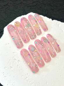 10片超长手工美甲贴片，适合派对和日常佩戴，3D水钻、花朵、蝴蝶结、小猫咪和芭蕾舞元素，适合女孩，易于佩戴。10片Y2K风格超长手工美甲贴片，闪亮人造宝石，春夏风格，适合女孩和女士参加节日派对和日常佩戴。（请注意：配饰颜色随机。如果您介意，我们建议您不要下单。）手工美甲贴片 - 淺粉色 - 查看 5