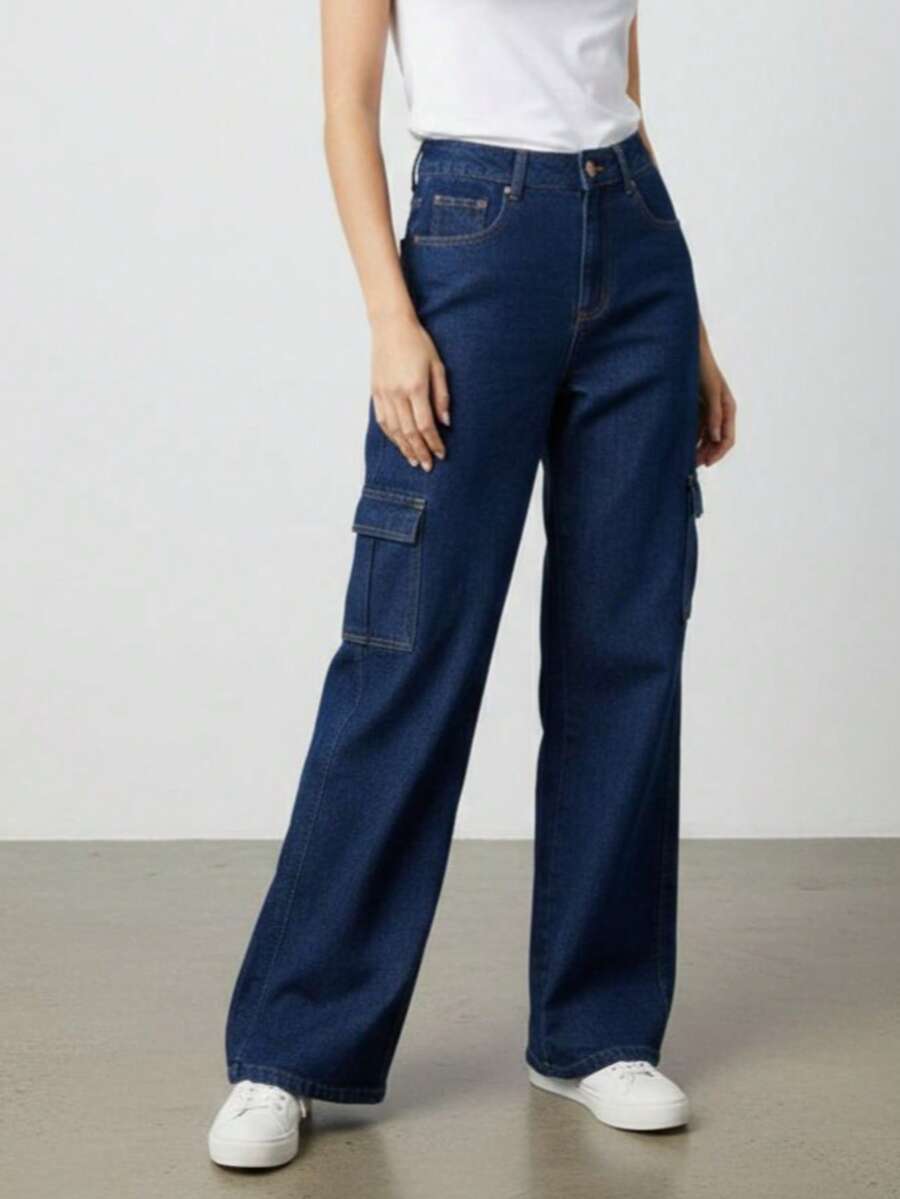 Wide Leg Cargo Black Pants - QUẦN JEAN TỐI MÀU - Xem 1