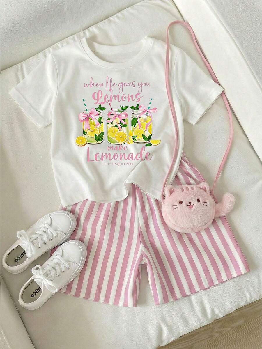 2件套女童柠檬汽水印花短袖T恤和粉色条纹短裤套装，夏季 - 白色 - 查看 1