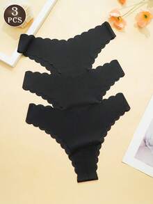 3条装扇形边V字形内裤，低腰性感柔软无痕比基尼三角裤，女士无痕丁字裤，舒适日常穿着，女士内衣，黑色 - 黑色 - 查看 3