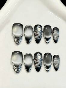 10片杏仁形手工美甲贴纸，适合派对和日常佩戴，银黑色，杏仁形，花卉图案，易于粘贴的手工按压式美甲贴片 - 黑色 - 查看 9