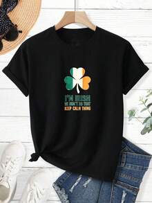 Men's T-Shirt, Women's T-Shirt,  St Patrick's Day Themed Designs Featuring,  I'm Irish We Don't Do That Keep Calm Thing   Green White Orange Shamrock Design   Centered On Black T Shirt   Bold Text With Colorful Leaf   Stylish And Playful Statement   Celebrate Irish Spirit   Fun And Casual Look Comfortable And Versatile Outdoor Casual Short Sleeve - Negro - Ver 1