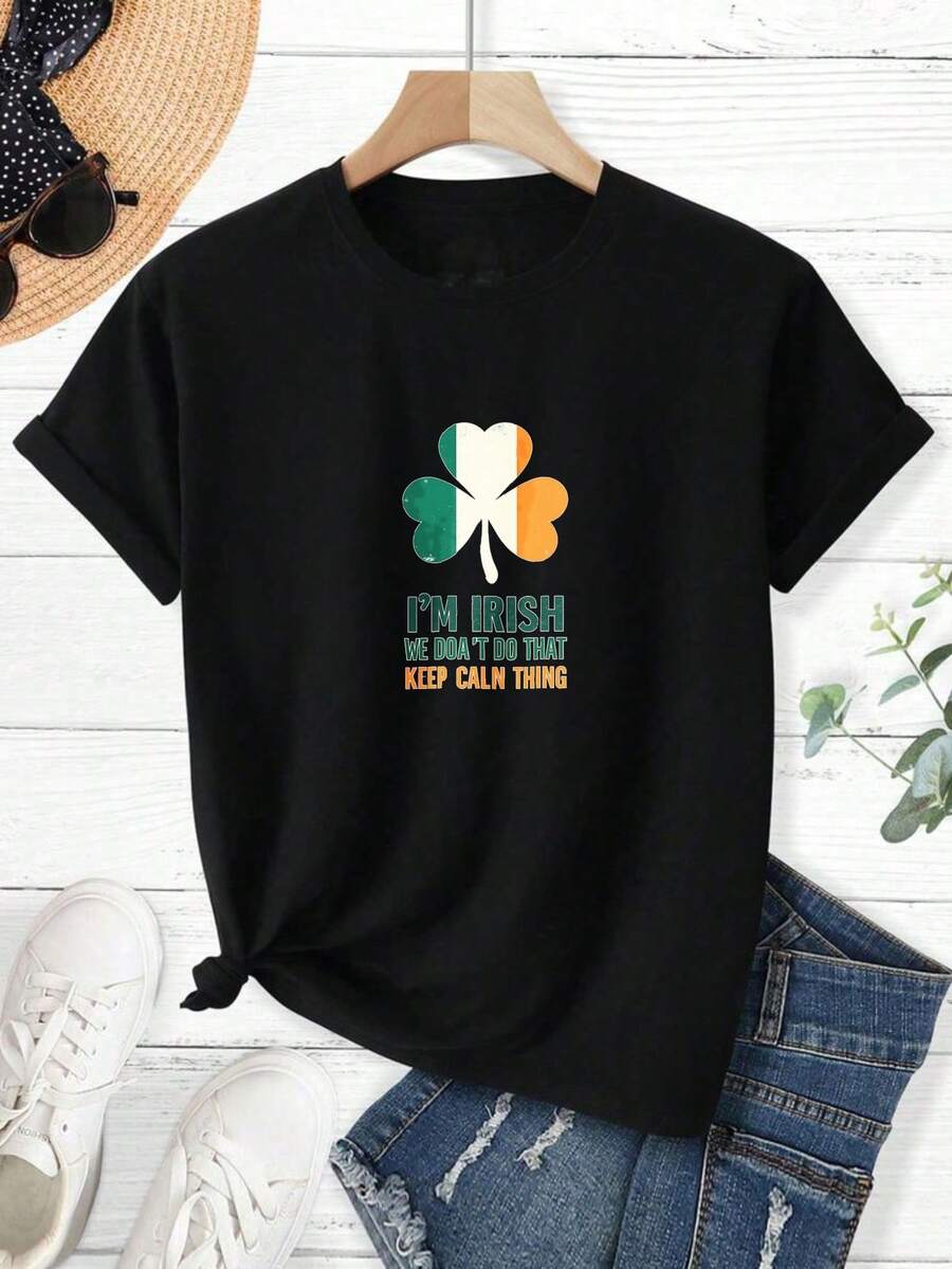 Men's T-Shirt, Women's T-Shirt, St Patrick's Day Themed Designs Featuring, I'm Irish We Don't Do That Keep Calm Thing Green White Orange Shamrock Design Centered On Black T Shirt Bold Text With Colorful Leaf Stylish And Playful Statement Celebrate Irish Spirit Fun And Casual Look Comfortable And Versatile Outdoor Casual Short Sleeve - Negro - Ver 1