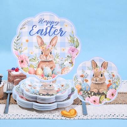 10pcs/20pcs/40pcs/50pcs,Pastel Blue Gingham Easter Bunny Paper Plates, Scalloped Edge Disposable 7inch And 9inch Paper Plates With Floral Rabbit & Colorful Egg Prints, Perfect For Spring Holiday Easter Party Supplies,Spring Watercolor Rabbit Flower Plaid Plates