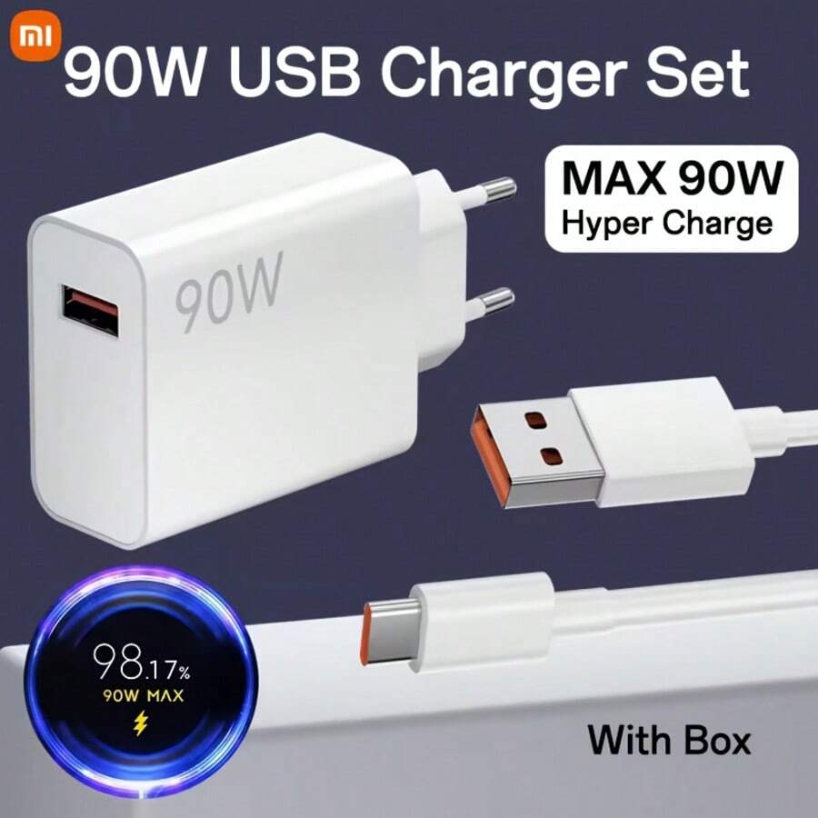 Xiaomi Original 90W Ultra-Fast Charging Kit Global Version, EU Standard Plug Type A Power Adapter + 1-Meter Type-C Data Cable, Portable Fast Charging, White - White - View 1