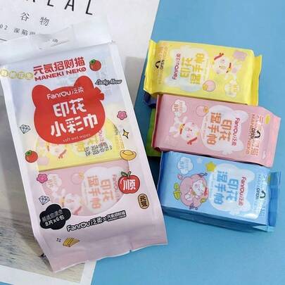 Colorful Lucky Cat Printed Wet Wipes, Portable Student Wet Tissue Packs, Cleaning Wet Wipes