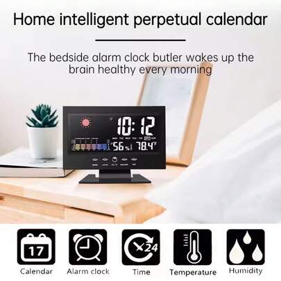 多功能发光闹钟，家用彩色屏幕电子钟，智能万年历，天气预报钟