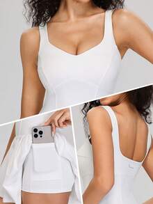 MASKERT 女士V领休闲连衣裙，网球裙，瑜伽裙，透气舒适 - 白色 - 查看 9