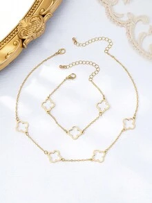 2pcs/Set Gold-Plated Hollow Clover Jewelry Set, Minimalist Floral Necklace And Bracelet, Unique Fresh Accessories For Women - Yellow Gold - View 5