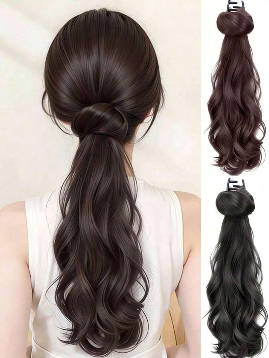 16英寸波浪卷发夹式合成纤维马尾假发，自然休闲风格，夹式设计，适合女性佩戴 - 彩色 - 查看 1