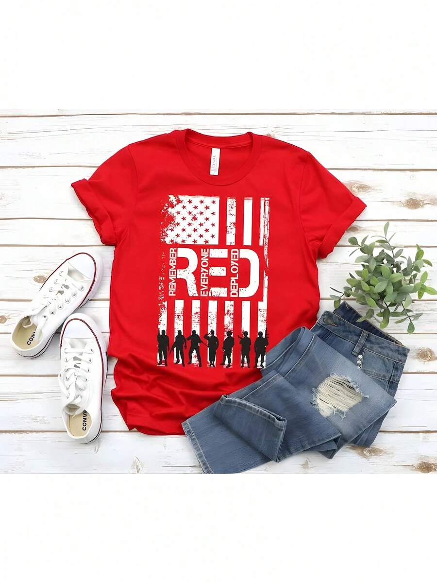 Women's "RED Remember Everyone Deployed" Patriotic Military Support Graphic Crew Neck T-Shirt, Casual Short Sleeve Tee, American Flag & Soldier Silhouette Print Top For Proud Americans - 紅色 - 查看 1