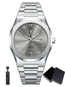 POEDAGAR 1件装时尚休闲男士不锈钢石英日历星期腕表，30米防水，商务正装腕表，适合工作场合，男士生日礼物 - 灰色 - 查看 13