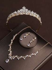 1/3/4pcs Luxury Crystal Queen Tiara & Jewelry Set - Zinc Alloy Crown, Crystal Necklace And Earrings, Suitable For Women Wedding, Dress And Events - Gold - View 3