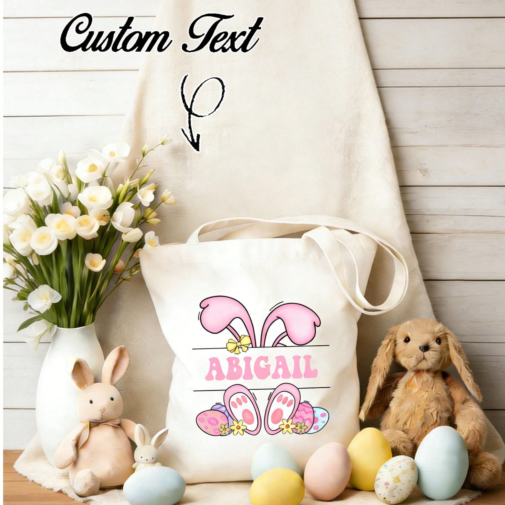 Customizable Easter Canvas Tote Bag, Personalized Rabbit Text Canvas Basket, Easter Gift, Gift For Girlfriend/Boyfriend, Precious Gift, Wedding Gift, Retro, Minimalist, Fashion, Decorative, Personalized, Gift Purpose, Mother's Day Gift, Give Her A Special Gift, Sisters, Girlfriend, Family, Best Friend, Sister-In-Law, Gift For Relatives, Holiday Gift, Easter Gift