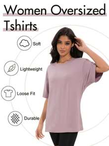 4 Pieces - Women's Loose T-Shirt Round Neck Loose Summer Loose T-Shirt Short Sleeved Sports Shirt, 100% Polyester Fiber - Nhiều màu - Xem 3