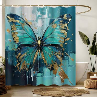 1pc/3pcs/4pcs Butterfly Pattern Shower Curtain, Waterproof Single Shower Curtain Bathroom Shower Curtain Set, Bathroom Decoration Set Curtain With Carpet Including Waterproof Shower Curtain, Non-Slip Carpet, Toilet Seat, Bathroom Mat And 12 Plastic Hooks, Bathroom Bathroom Dry And Wet Separation Curtain
