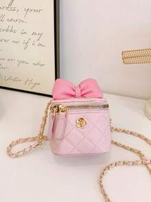 1pc Multi-Color Quilted Metallic Accent Bow Decor Shiny PU Leather Mini Structured Zipper Closure Crossbody Bag, Sweet Girl Style For Daily & Commute - Multicolor - View 16