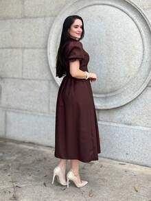 Elegant Casual Vintage Buttons Front Pleated Button Wedding - 巧克力棕色 - 查看 2