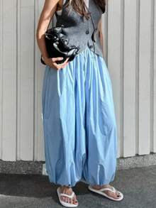 Yuyi Clothing Women Elastic Waist Lantern Leg Wide Leg Design Blue Pants, Elegant Casual Suitable For Spring And Summer - Blue - View 1