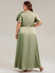 EVERPRETTY Gaun Malam Maxi Satin Hijau Sage Ukuran Plus Elegan dengan Leher V dan Lengan Berkerut, Cocok untuk Tamu Pernikahan di Taman. - Mint Green - View 4