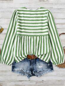 Women's Fashion Casual Striped Print Patchwork Long Sleeve Elastic Cuff Blouse - Green - View 2