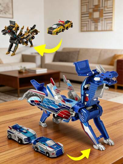 Collision Combination Transforming Car Toy Set, 2 Packs Automatic Crash Splicing Flying Dragon Robot Vehicle, Impact Deformation Race Car, Transformable Vehicle Action Figure Playset, Cool Birthday For Boys Kids Toddlers Age 3 4 5 6 7 8 Years Old