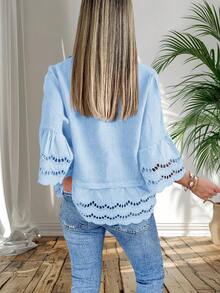 Womens Eyelet Blouse 3/4 Bell Sleeve Button Down Ruffle Hem Casual Summer Shirt Top - Xanh-1 - Xem 4