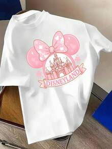 Disney Minnie Mouse Bow And Castle Pattern Women's T-Shirt, All-Season Round Neck Short-Sleeved Top, Comfortable And Soft Pure Cotton T-Shirt, Family-Themed Park Vacation Shirt, Suitable For Everyday Wear, Outings, School, Parties. - trắng - Xem 2