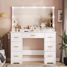 Vanity Desk With 38" Large Mirror And 9 LED Lights & Glass Top And Power Outlet, Adults Makeup Vanity With Chair And 7 Storage Drawers, Dressing Table Set For Bedroom, Modern White - 白色 - 查看 6