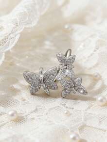 1枚奢华微镶嵌白金镀层铜戒指，饰有3只蝴蝶，独特设计的锆石戒圈，女士款 - 蝴蝶型 - 查看 4