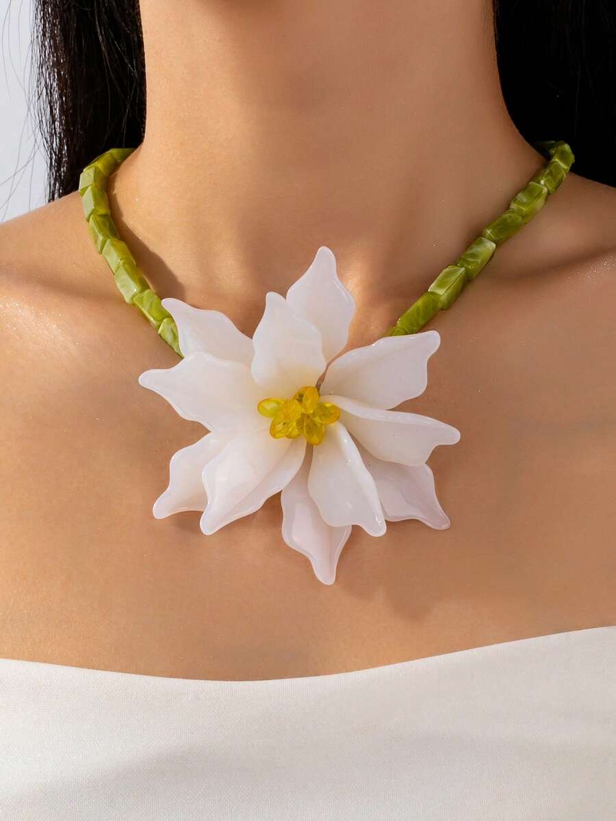 1件欧美跨界甜美3D白茶花竹结项链，小众新款中国风氛围女士项链 - 白色 - 查看 1