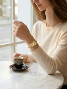 1件女士亮金色光滑金属合金表带简约镂空手镯式设计现代时尚优雅简约奢华低调时尚模拟显示可靠石英表女表手镯表腕表优雅时计休闲外出商务会议晚宴开斋节庆祝活动周末 - 金色 - 查看 9