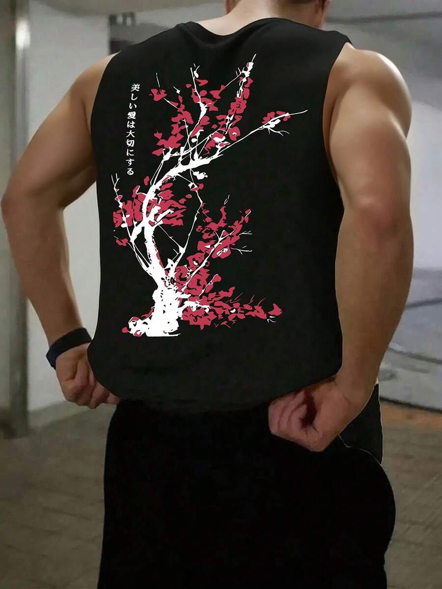 1 chiếc áo tank top nam mùa hè, không tay, cổ tròn, in họa tiết, thích hợp cho thể thao, tập thể dục và mặc hàng ngày. - màu đen - Xem 1