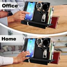 Wooden Bedside Organiser Phone Docking Station, Nightstand Key Wallet Watch Stand Gifts For Men Dad Husband Boyfriend - Đen-2 - Xem 5