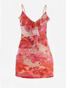 Blume Muster Rüschen Saum Camisole Mini Casual Urlaubskleid, Damen Boho Stil ärmelloses Mesh Kurz Camisole Kleid mit Spaghettiträgern, Rückenfreies elegantes Party Kleid - Saflor - Übersicht 3