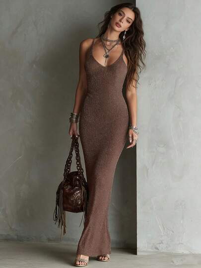 Vacation Outfits Women, Summer Outfits For WomenWomen's Fashionable Elegant Banquet Sparkling Versatile Solid Color Spaghetti Strap V-Neck Beach Resort Lace-Up Cover-Up Everyday Women's Dress