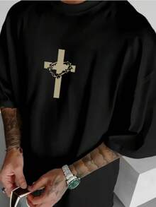 Men's Oversized Casual T-Shirt With Printed Face Of Christ Front And Back, 100% Cotton. - Black - View 2