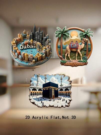 1Pc/3Pcs 2D Flat Acrylic Middle Eastern Landscape Refrigerator Sticker, Acrylic Islamic Artwork, Featuring Dubai City Landscape, Landmark Buildings, And Camels, Offering Three Styles For You To Choose From, Allowing You To Experience Middle Eastern Style At Home. Home Refrigerator Decoration, Eid Al Fitr Gift, Display Of Arab Architecture In Muslim Households.