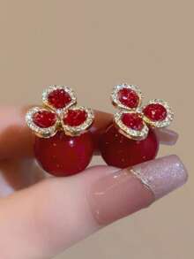 1对新款双面佩戴红色花朵和仿珍珠耳环，时尚百搭优雅节日耳环 - 紅色 - 查看 1