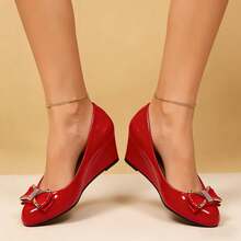 Geeyea Women's Elegant Solid Color Mary Jane Shoes, Wedge Heels, Easy To Slip On And Off, Adorned With A Bow Decoration | Smooth And Glossy Finish, Suitable For Everyday Casual And Formal Occasions | Local Warehouse Women's Shoes - 紅色 - 查看 3